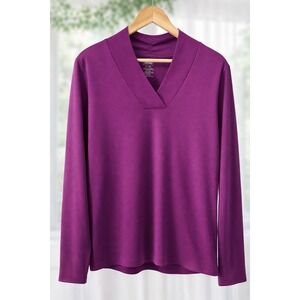 L.L. Bean Knit Popover Top 100% Supima Cotton‎ Shawl Collar  V Neck Magenta XL